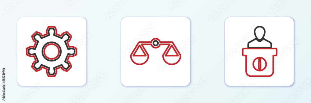 Set line Information desk, Cogwheel gear settings and Scales of justice icon. Vector Set line Information desk, Cogwheel gear settings and Scales of justice icon. Vector