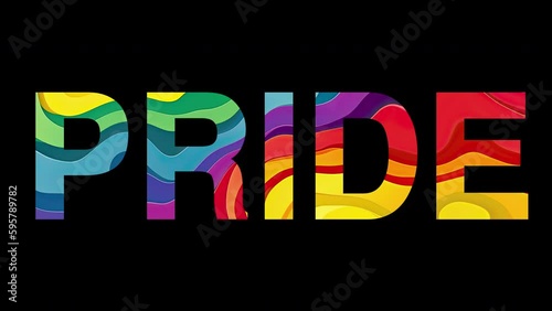 Word pride with rainbow colored texture, motion video background with birght color accent, lgbti flag palette waving on the black background photo