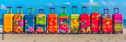 colorful suitcase on beach Generative AI