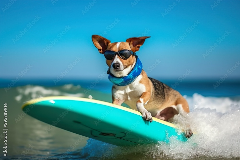 Dog on the beach surfing Generative AI