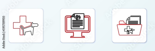 Set line Medical veterinary record folder, Veterinary clinic and Clinical pet on monitor icon. Vector