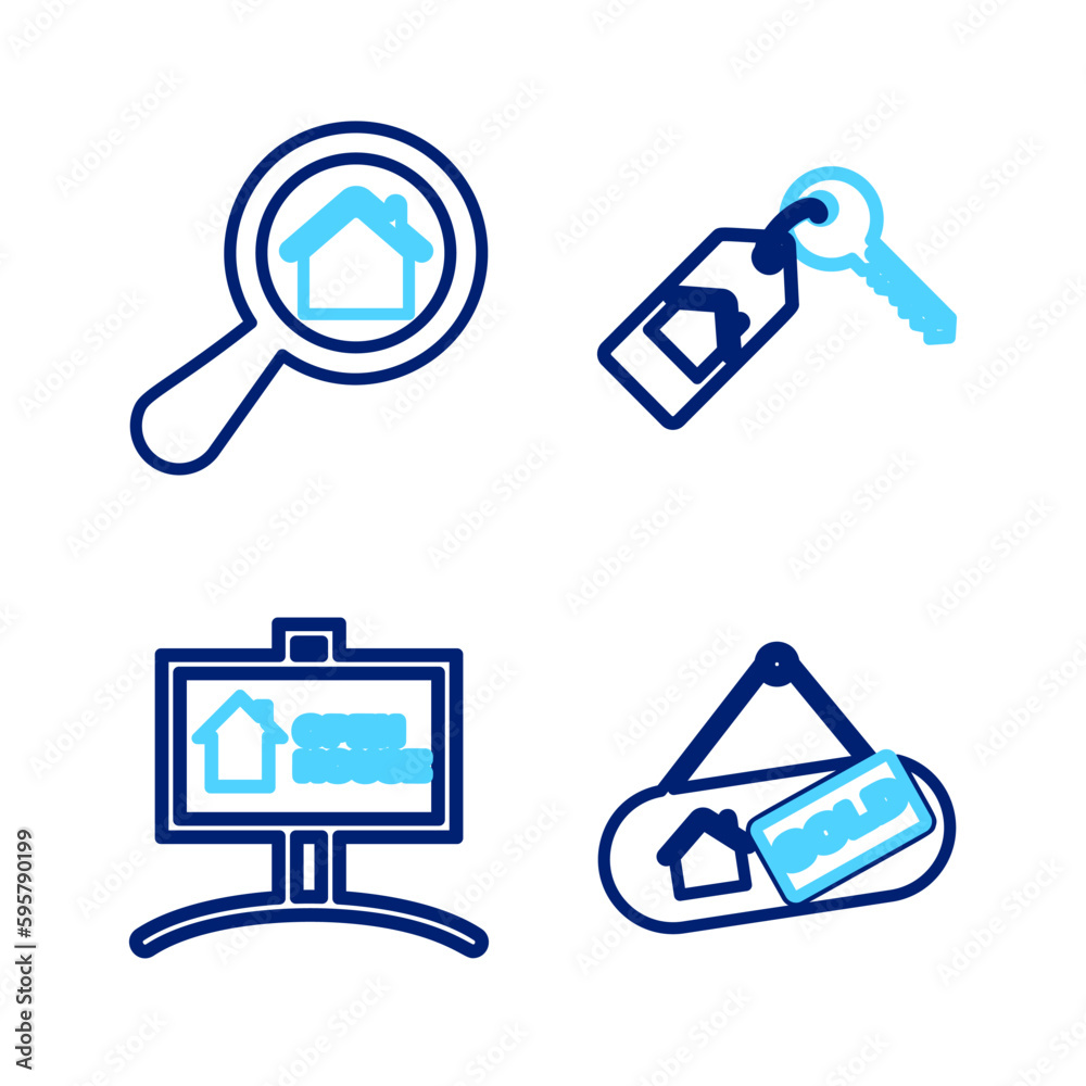 Set line Hanging sign with Sold, Open house, House key and Search icon. Vector Set line Hanging sign with Sold, Open house, House key and Search icon. Vector