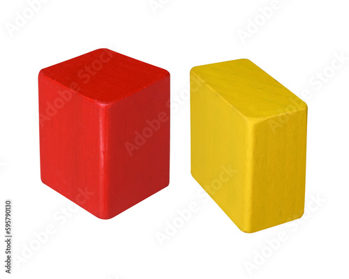 Red and yellow objects made of wood. © John