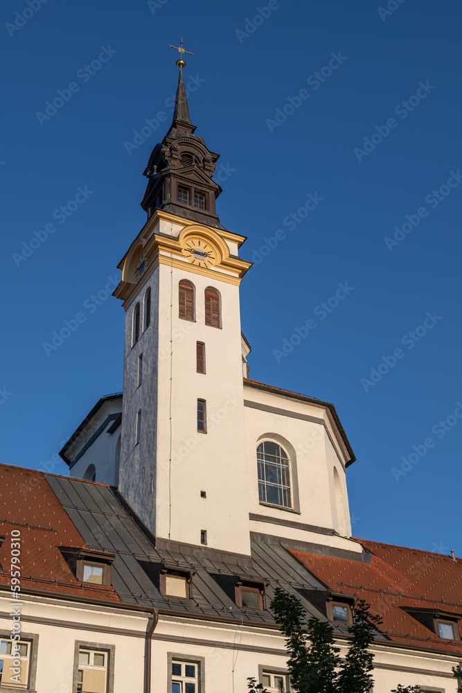 Tower of Ursuline Church of the Holy Trinity In Ljubljana, Slovenia