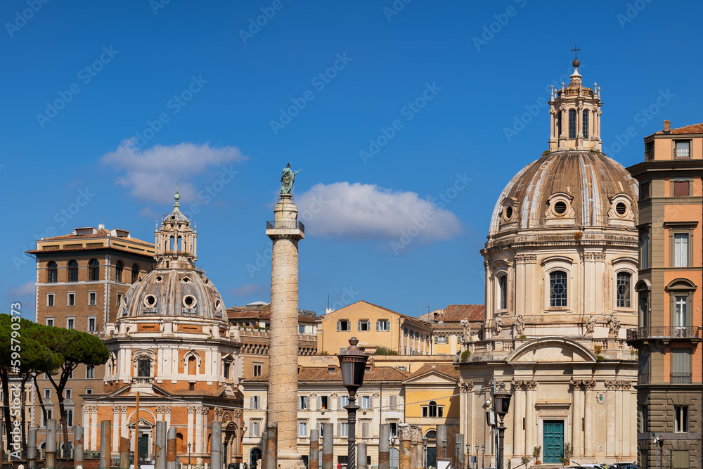Rome Skyline With Churches And Trajan Column
