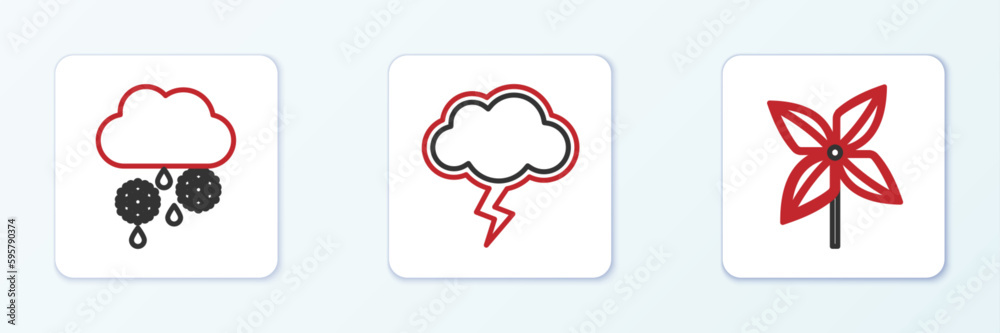 Set line Pinwheel, Cloud with snow and rain and Storm icon. Vector Set line Pinwheel, Cloud with snow and rain and Storm icon. Vector