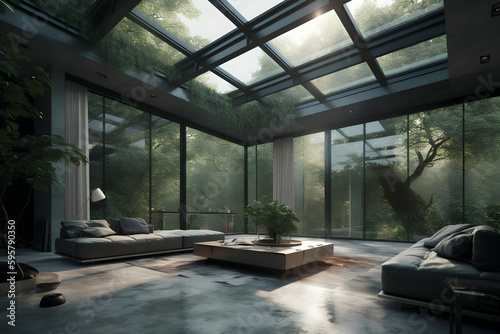 Natural harmony  minimalist living room with glass ceiling and a symbiosis with wild nature  Generative AI