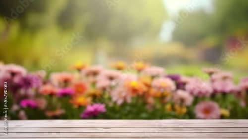 Empty table top in front of blurred flower garden background. Generative AI. © Windawake