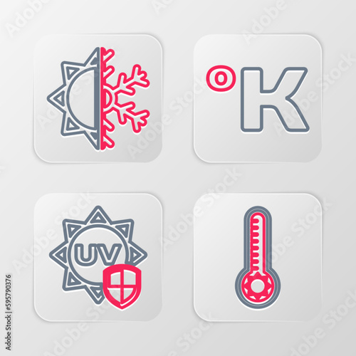 Set line Meteorology thermometer, UV protection, Kelvin and Sun and snowflake icon. Vector