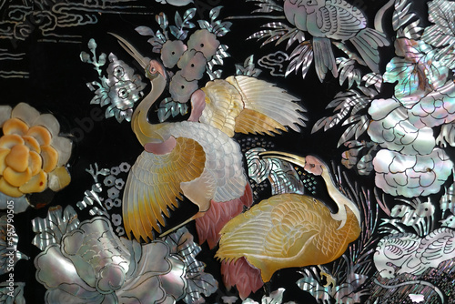 Принти на полотні lacquerware inlaid with mother-of-pearl: A wooden dish or furniture decorated by attaching seashell pieces of a fine color in different shapes and then lacquering them
