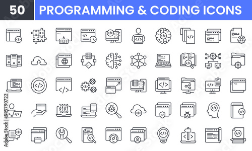 Coding and Programming vector line icon set. Contains linear outline icons like Web Development, Code, Website, Cloud, App, Data, Software, Algorithm, Api, Build, Program. Editable use and stroke.