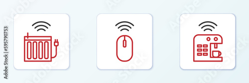 Set line Smart coffee machine, heating radiator and Wireless mouse icon. Vector
