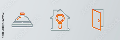 Set line Closed door, Hotel service bell and Search house icon. Vector