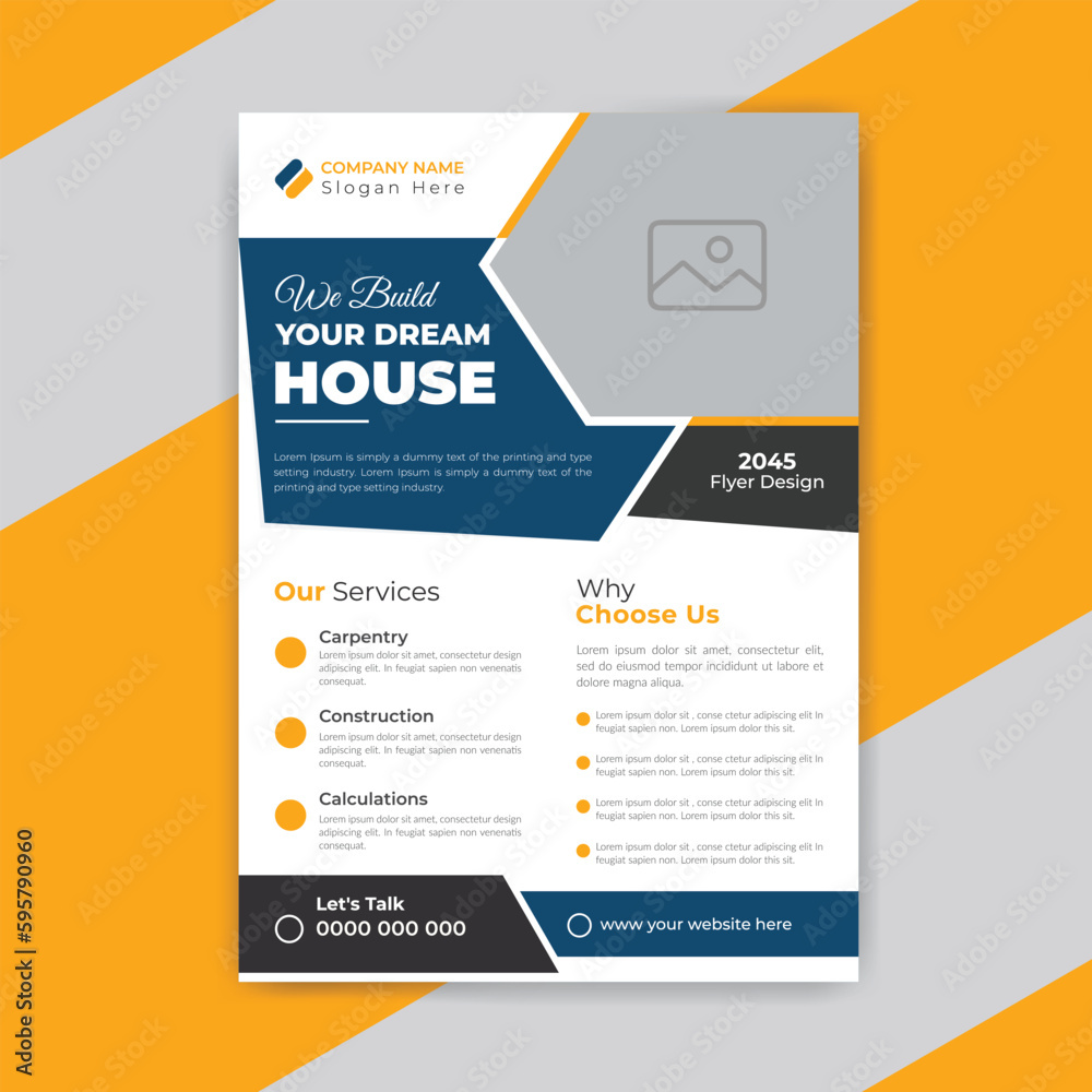 Flat design construction template or real estate business flyer