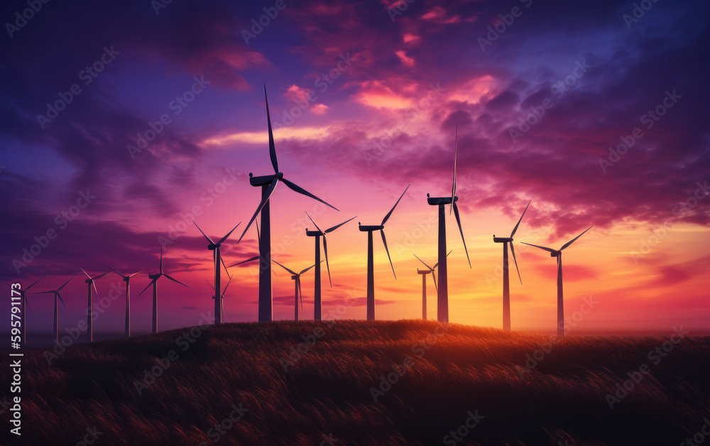Wind turbine, wind farm, sundown, renewable energy, generative ai Wind turbine, wind farm, sundown, renewable energy, generative ai