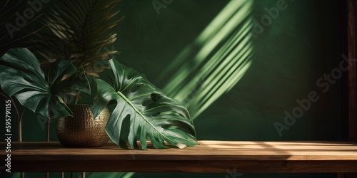 Empty wooden table with tropical palm tree in sunlight  leaf shadow on green wall for presentation luxury organic cosmetic  skincare  beauty treatment  natural product. Generative AI