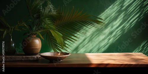 Empty wooden table with tropical palm tree in sunlight, leaf shadow on green wall for presentation luxury organic cosmetic, skincare, beauty treatment, natural product. Generative AI