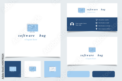 Software bug logo design with editable slogan. Branding book and business card template.