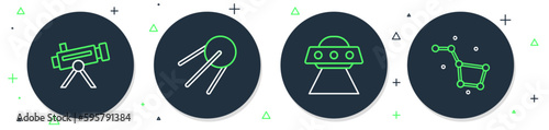 Set line Satellite, UFO flying spaceship, Telescope and Great Bear constellation icon. Vector
