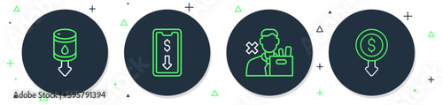 Set line Mobile stock trading, Employee dismissal, Drop crude oil price and Dollar rate decrease icon. Vector