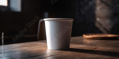 Close up of a paper coffee cup. White paper cup without inscription. Mockup for brand template. Realistic white disposable paper cup for various drinks, fresh juice, coffee, tea. Generative AI