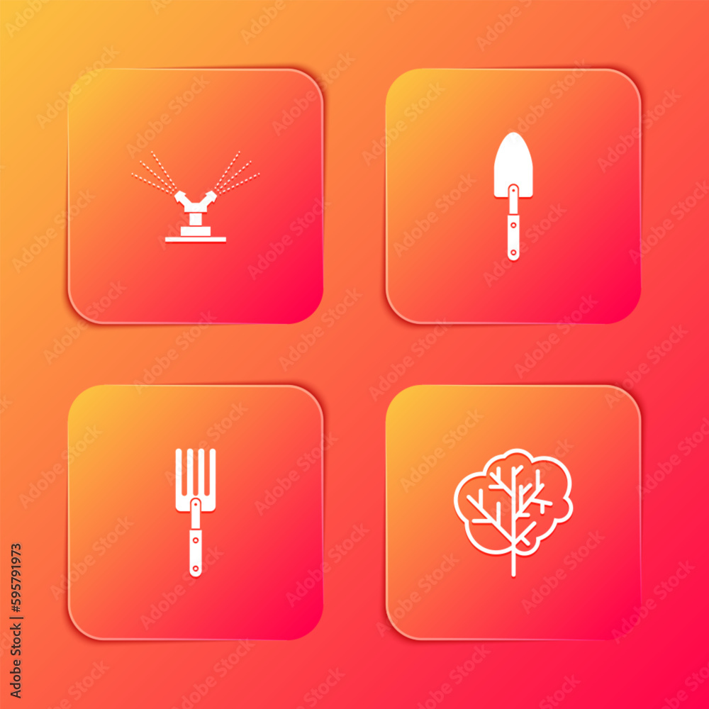 Set Automatic irrigation sprinklers, Garden trowel spade or shovel, fork and Tree icon. Vector Set Automatic irrigation sprinklers, Garden trowel spade or shovel, fork and Tree icon. Vector