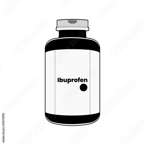 Ibuprofen tablets medicine bottle in black and white icon, trendy vector illustration. Ibuprofen over-the-counter medicine illnesses virus sore throat relief Non Steroidal. Editable graphic resources.