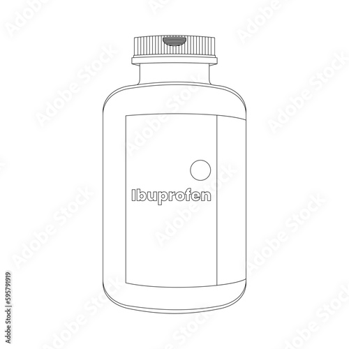 outline icon of Ibuprofen tablets medicine bottle, trendy vector illustration. Ibuprofen over-the-counter medicine illnesses virus sore throat relief Non Steroidal. Editable graphic resources.