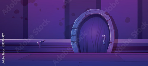 Fairy small mouse hole house at night. Cute cartoon hidden rat home door in baseboard background. Comic close mice burrow vector illustration. Brown tiny entrance for lodger in plinth game wallpaper.
