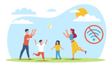 Time without digital devices, family spends time playing ball in nature. Digital detox, parenthood and relationships. Offline time. Wifi sign. Cartoon flat style isolated vector concept