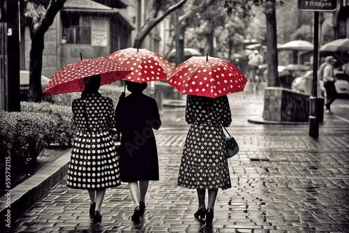 Walking in the Rain: Red Umbrella Stands Out in Black and White Generative AI