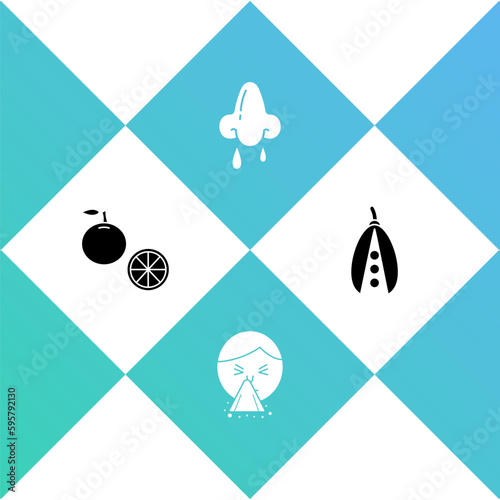 Set Orange fruit, Handkerchief to his runny nose, Runny and Kidney beans icon. Vector
