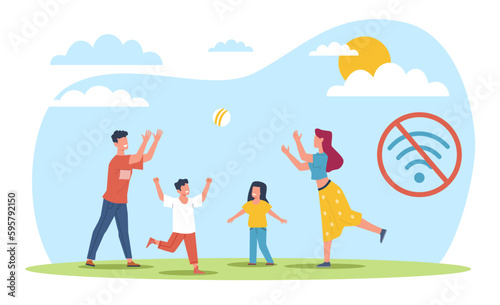 Time without digital devices  family spends time playing ball in nature. Digital detox  parenthood and relationships. Offline time. Wifi sign. Cartoon flat style isolated vector concept