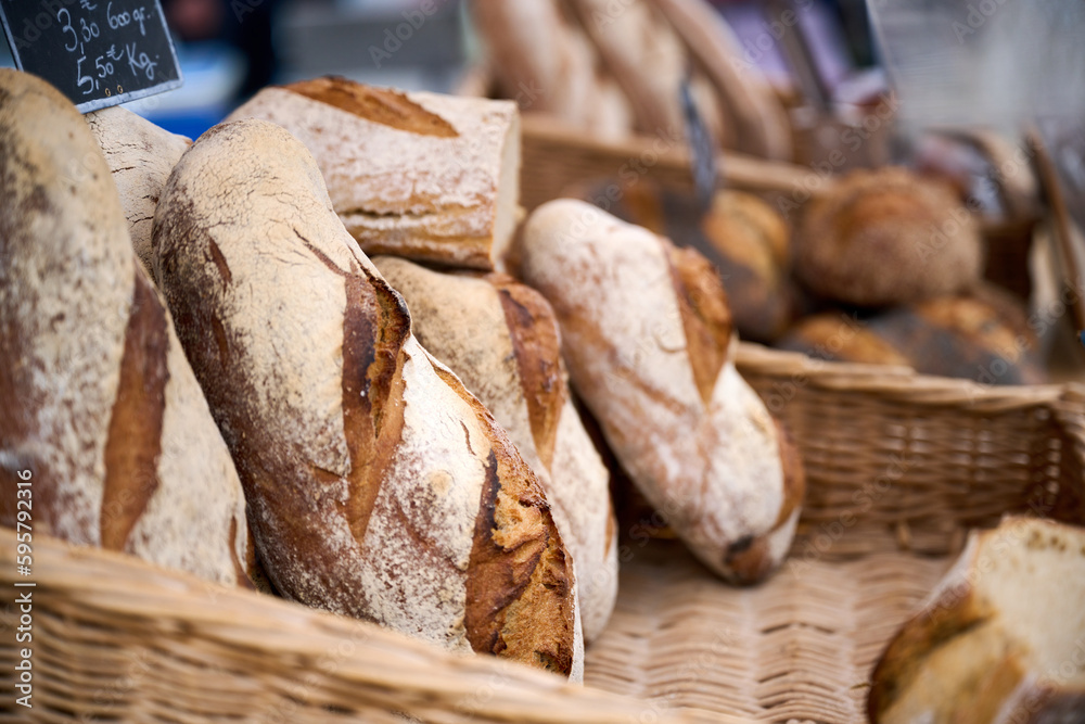 fresh bread in a basket in a market
