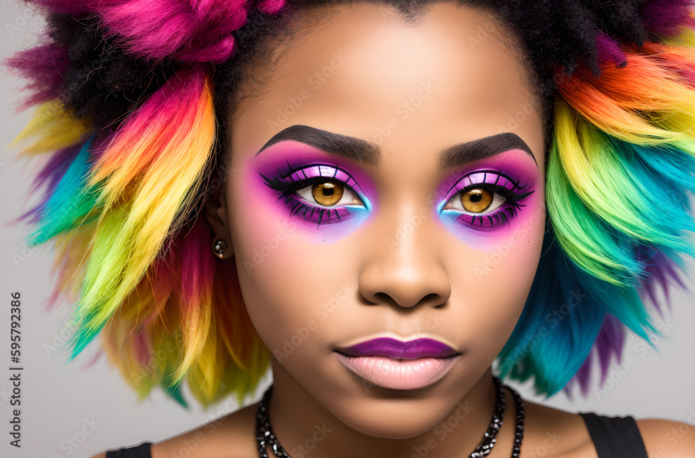 Portrait of a punk african american girl with bright make up and colorful hair. Generative AI.