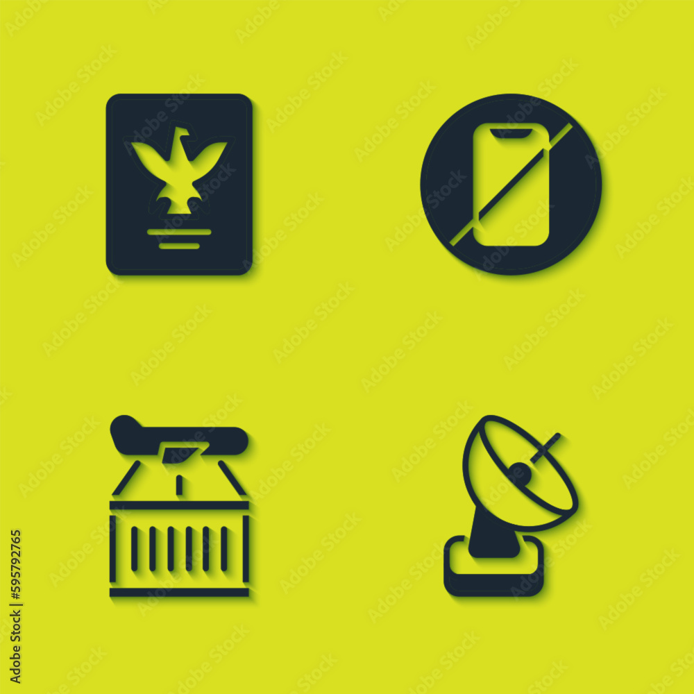Set Passport, Radar, Plane and No cell phone icon. Vector Set Passport, Radar, Plane and No cell phone icon. Vector
