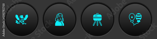 Set Eagle, Benjamin Franklin, Barbecue grill and Balloons icon. Vector