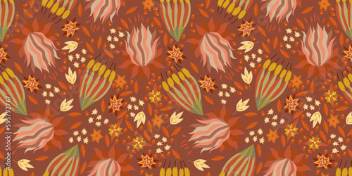 Vector seamless texture on a plain background with stylized autumn wild flowers