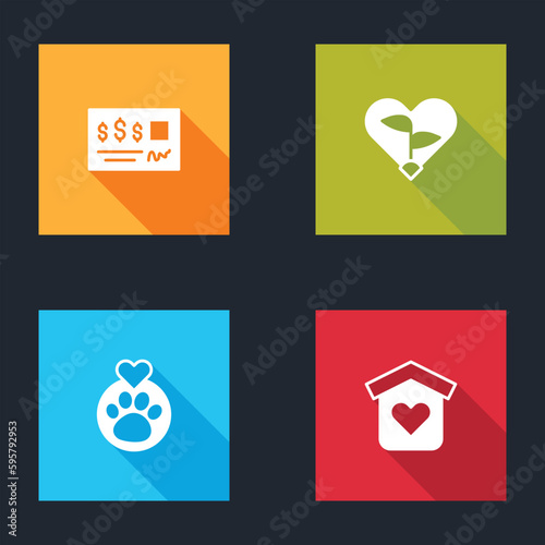 Set Bank check, Leaf in heart, Heart with animals footprint and Shelter for homeless icon. Vector