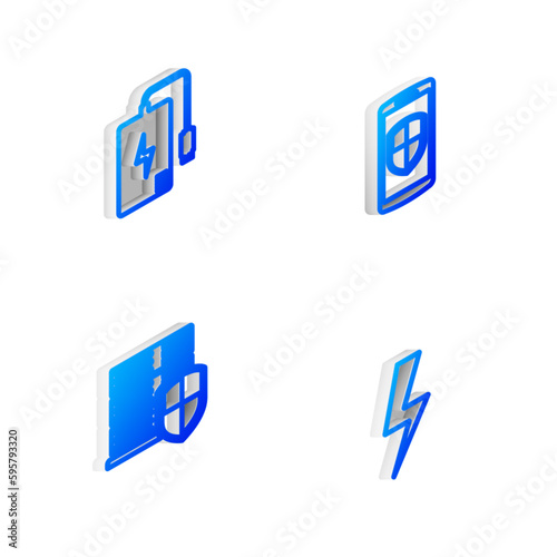 Set Isometric line Smartphone with shield, Power bank, Server and Lightning bolt icon. Vector © vector_v