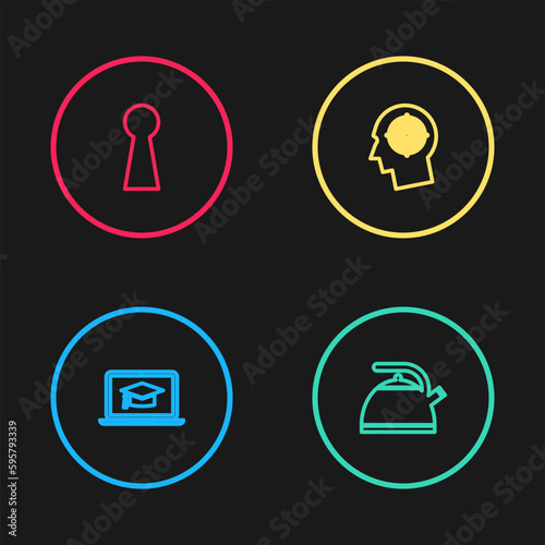 Set line Graduation cap on laptop, Kettle with handle, Head hunting concept and Keyhole icon. Vector