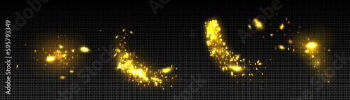 Gold magic firefly glitter shine effect vector set. Golden abstract sparkle with stardust texture isolated on transparent background. Flash glamour shimmer decoration with confetti particle spray