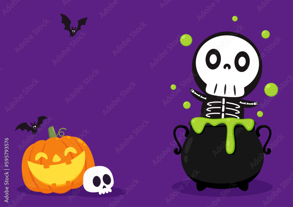 Halloween witches violet cauldron with poison potion isolated on purple background. Vector Illustration of a Witch's Cauldron. Skull mascot.