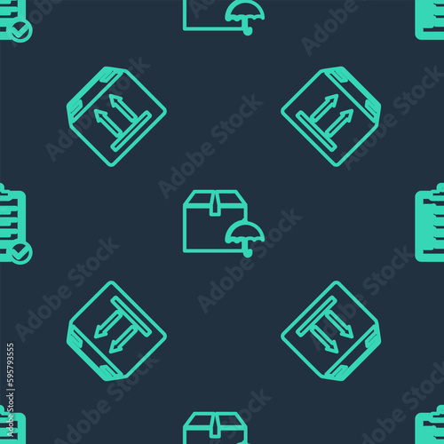 Set line Delivery package with umbrella, Cardboard box traffic and Verification of delivery list on seamless pattern. Vector © vector_v