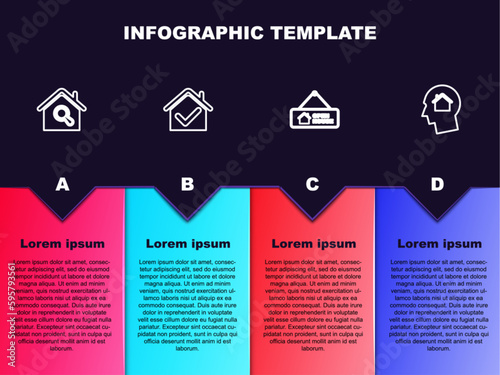 Set line Search house, House with check mark, Hanging sign Open and Man dreaming about buying. Business infographic template. Vector