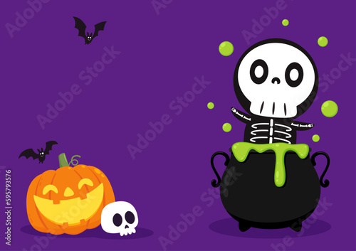 Halloween witches violet cauldron with poison potion isolated on purple background. Vector Illustration of a Witch's Cauldron. Skull mascot.