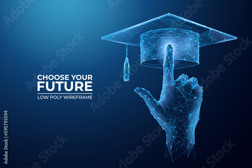Hand pointing at graduation cap on technology blue background. Choice of education concept. 3D low poly wireframe vector illustration in form of a starry sky or space. 