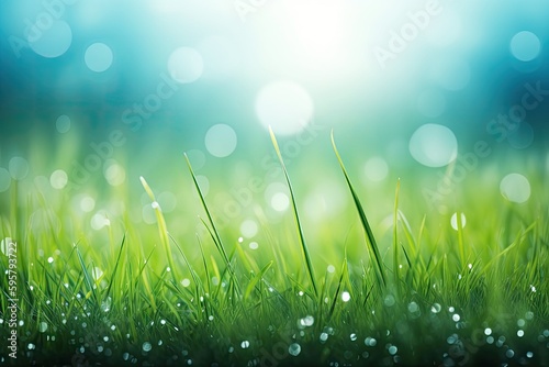 dew drops on blades of grass in a close-up view. Generative AI