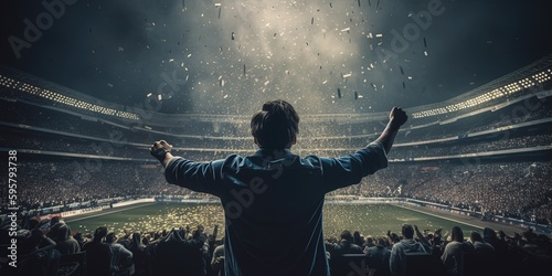 Football, soccer fan support their team and celebrate goal, score, victory. Back view of football, soccer fan cheering their team. Concept of sport, cup, world, event, competition. Generative AI photo