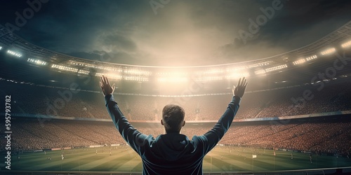 Back view of fan celebrating victory in soccer stadium. Football  soccer fan support their team and celebrate goal  scorer  victory. Generative AI